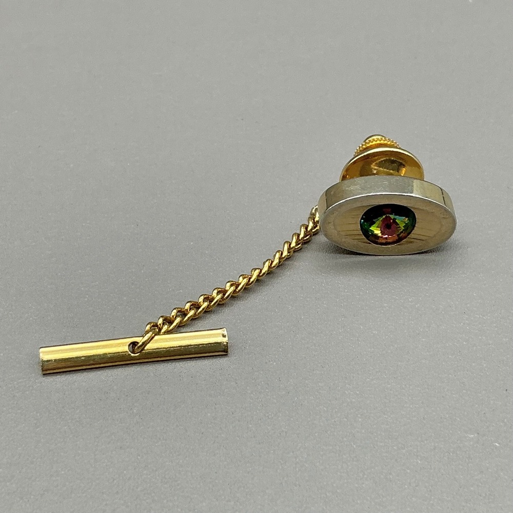 Sarah Coventry Tie Tack Rivoli Watermelon Rhinestone Gold Tone Vintage Chain